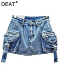 Women's Denim Skirt Solid Color High Waist Wrap Hip 3d Pockets A-line Short Cargo Miniskirt 2024 Summer New Fashion 29L6720-Outfit