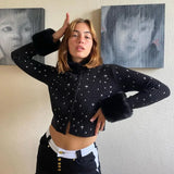 Elegant Autumn Sweater Cardigan Women Long Sleeve Star Embroidery Fur Collar Knitted Cropped Hoodies Harajuku 2021