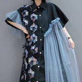 Fashion Applique Dresses Korean Gauze Spliced Asymmetrical Summer Shirring Vintage Single-breasted Polo-Neck Midi Dress-Outfit