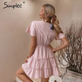 Party Summer V-neck light pink dress Casual solid high-waist lace-up ruffled women dress Elegant office ladies short dress