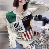 Letter Printed Pullovers Streetwear Spring Autumn Round Neck Women's Clothing Long Sleeve Casual Spliced Slim T-shirt-Outfit