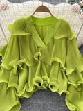 Spring Autumn Women Irregular Ruffle Draped Tops Female Elegant V-Neck Flare Long Sleeve Short Tops Vintage Blouse New Blusas 703-0-Outfit