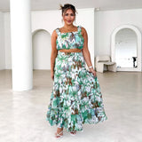 New Women's Retro Sleeveless Short-Skid Wrapping Slings Print High-Rise Half-Body Skirt Two-Piece Suit