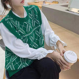 Jacquard Rhomboid Knitted Vest Women's Spring And Autumn 2024 New Style Folded Sweaters And Horse Clips-Outfit