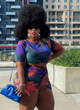 Printed Casual O-Neck Short Sleeves Tie Dye Plus Size Two Piece Skirt