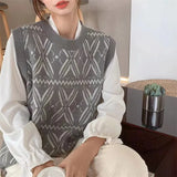 Jacquard Rhomboid Knitted Vest Women's Spring And Autumn 2024 New Style Folded Sweaters And Horse Clips-Outfit