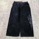 Street Retro Letter Print Hip Hop Casual Men Jeans Y2k Harajuku Street Loose Black Straight Leg Wide Leg Couple Pants-Outfit