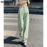 Casual Spring Women Solid Jeans Trousers High Waist Pockets Loose Female Wide Leg Denim Pants Ladies Floor-Length