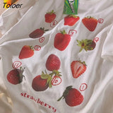 Strawberry Print Shirts for Women Aesthetic Cartoon O-neck Casual Teens Clothes Japanese Fashion Streetwear Woman