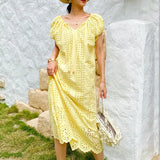New Holiday Dress Women's Short-Sleeved Seaside Beach Dress European Women's Loose Mid-Long Dress