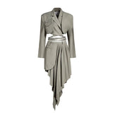 Ruched Irregular Two Piece Set For Women Notched Long Sleeve Lace Up Top High Waist Skirt Suit Female 2022
