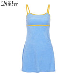 Summer Candy Color Sling Short Dress Sweet And Cute Lines Contrast Color Soft Terry Cloth For Women Party Club