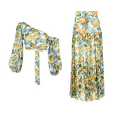Bohemian Print Two Piece Set For Women Skew Collar Long Sleeve Tops High Waist Maxi Skirt Hit Color Sets Female