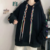 Deeptown Y2k Black Hoodie Women Rainbow Color Rope Sweatshirt Korean Style 2021 Oversize Long Sleeve Pullover Hip Hop Tops