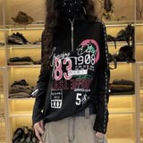 Stand Collar Zipper T-shirt Korean Letter Printed Female Clothing Casual Loose Spring Autumn Rivet Patchwork