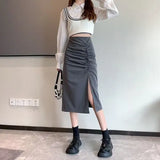 Spring and Autumn New Korean Style High Waist Fold Mid-length Side Slit A-line Skirt Female Black Temperament