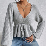 Women Hollow Sweaters Spring Autumn Clothes Knit Tops Solid Color Long Sleeve Drawstring Waist Pullover Sexy Club Knitwear-Outfit