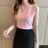 2021 Sleeveless Summer Blouse Women Korean Knit Elastic Casual Clothes Solid Turtleneck Fashion Ladies Tops Blusas 8623