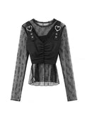Aesthetics Mesh Tops Thin Woman Fake Two Pieces Korean Gothic Y2K O-Neck Patchwork Long Sleeve T-Shirts Sexy Spring