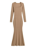 Sexy Square Collar Knitted Cotton Maxi Long Mermaid Dress Women Full Sleeve Stretch Basic Bodycon Fishtail Robe Vestido-Outfit