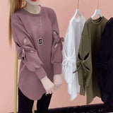 Solid Color Cut Out Sweatshirts Female Clothing Korean Loose Spring Autumn Long Sleeve Casual Bow Round Neck