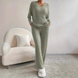 And Winter New Women's Pure Color V-Neck Loose Blouse Casual Straight Trousers Pit Two