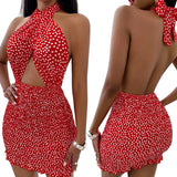 Women Close-fitting Backless Dress Sexy Floral Printed Pattern Halter Neck Hollow Out Short Dresses Summer 2024 Club Wear-Outfit