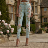 Women's Jeans Women's Trousers Color Flowers 3D Three-Dimensional Printed