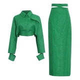 Solid Casual Two Piece Set For Women Lapel Collar Long Sleeve Short Top High Waist Slim Skirt Female 2022