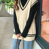 Vest Women Preppy-style V-neck Sleeveless Korean Loose Fashion Leisure Sweaters Students All-match Streetwear