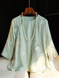 Chinese Style Round-Neck Embroidered Blouse Women's 2023 Summer New Retro Oblique Cardigan Button Leisure National Trend Shirt-Outfit