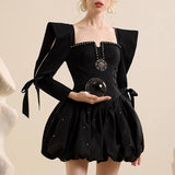 Black Elegant Lace Up Cut Out Dress For Women Square Collar Long Sleeve Casual Mini Dresses Female 2023 Style New