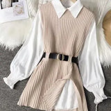 The Spring And Autumn Of 2024, The New Medium-And Long-Style Sweater Suit Shows A Thin Tie, Waist Knitted Vest Shirt And Two Sets Of Women.-Outfit