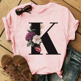 Letter Alphabet A-Z Women T-Shirts Fashion Breathable Flowers Short Sleeve Casual Tops Couple Basic Tee Crew Neck Clothes