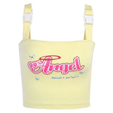 99% Angel Letter Print Crop Tops Yellow Cute Printed Camis Vest Women Cropped Top Off Shoulder Tops Tees Elastic