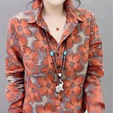 Vintage Flowers Printed Blouse Spring Autumn Long Sleeve Women's Clothing Casual Polo-Neck Commute Single-breasted