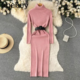 Autumn Winter Women Knitted Dress Turtleneck Sweater Dresses Lady Slim Bodycon Long Sleeve Bottoming Dress