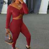 Winter Casual Two 2 Piece Sets Tracksuit Sweatsuits For Women V Neck Crop Top Skinny Pants Suits Knitting Matching
