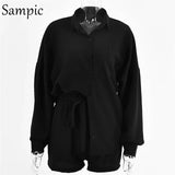 Tracksuit Women 2020 Casual Lounge Wear Shorts Set Long Sleeve Blouse Tops And High Waisted Mini Shorts Two Piece
