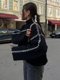 Sweater Autumn Round Neck Pullovers Sweater Warm Knitted Chic Contrast Color Splicing Thread Sweater Jumpers Tops-Outfit