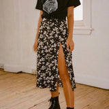 Elegant Split Long Skirts Vintage Leopard Floral Print High Waist A Line Skirts Office Lady Casual Bodycon Midi