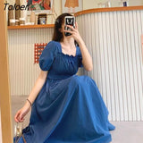Sleeve Dress Women Summer Solid Pleated Square Collar Mid-calf Elegant Korean Simple Leisure Loose Preppy Womens A-line