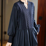 Knitted Patchwork Blouse Spring Autumn Korean Loose Women's Clothing Basic Fake Two Pieces Casual Half Open Collar