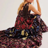 Women's Vintage Floral Print Silky Bow Knot Tie-Up Shoulder Straps Sleeveless Summer Big Swing Long Cami A-line Dress-Outfit