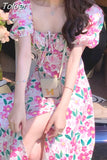 Summer Printed Dress French Retro Square Neck Floral Dress Female 2023 Summer New Puff Sleeve Long