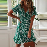 New Women Summer Dress Print Boho Style Chiffon Beach Dress Elegant A Line Sexy V Neck Ruffle Mini Dress