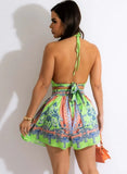 Printed Retro Halter Crop Top and High Waist Wide Shorts Two Piece
