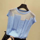 O-neck Short Sleeve Knitted Tops Patchwork Ice Silk Blusas Women Pullover Fashion Thin Blouse Mujer De Moda 2021