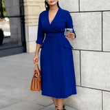 Women's Clothing 2025 Spring New Long-Sleeved Round Tie With Solid A-Dress