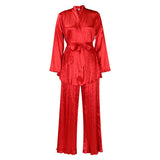 Women's Solid Color Pressure Folded Loose Long Sleeves Tying Shirt Trousers Two-Set